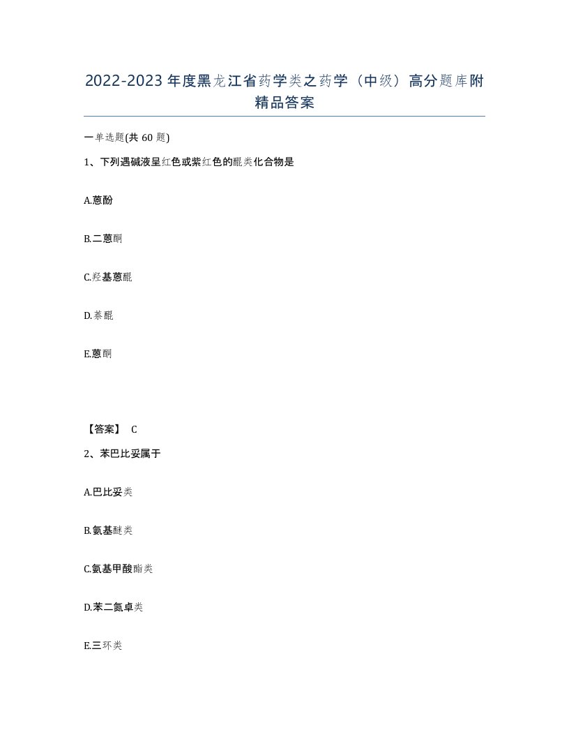 2022-2023年度黑龙江省药学类之药学中级高分题库附答案