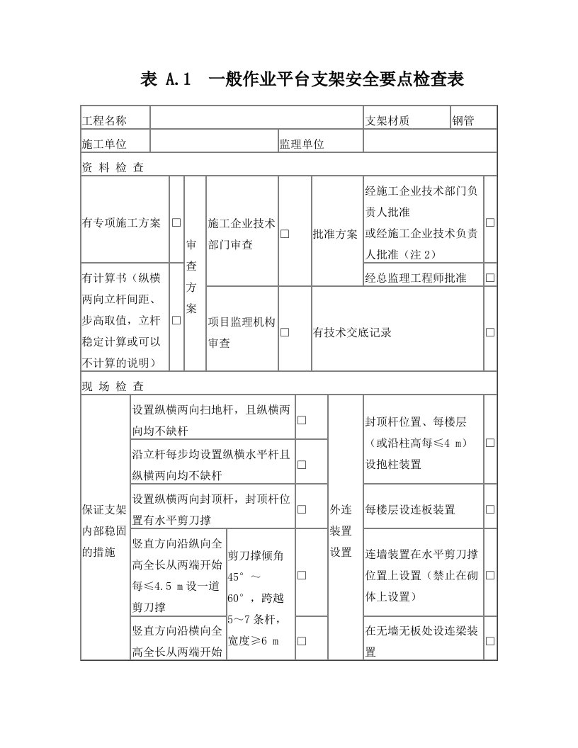 《建筑施工模板及作业平台钢管支架构造安全技术规范》表格电子版