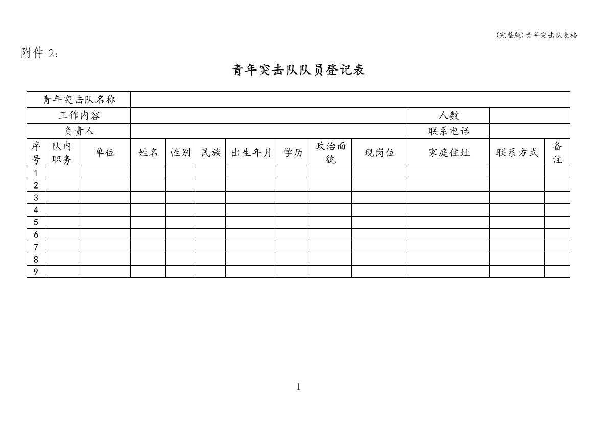 青年突击队表格