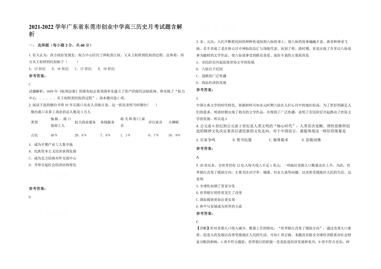 2021-2022学年广东省东莞市创业中学高三历史月考试题含解析