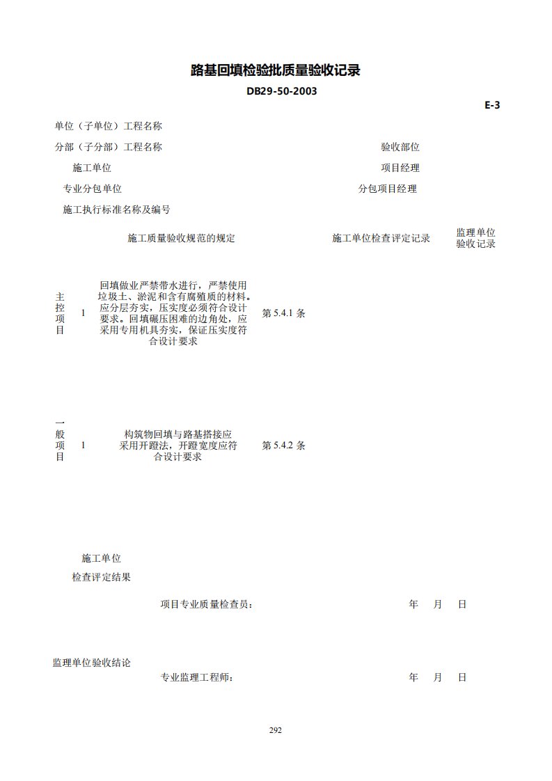 路基回填检验批质量验收记录