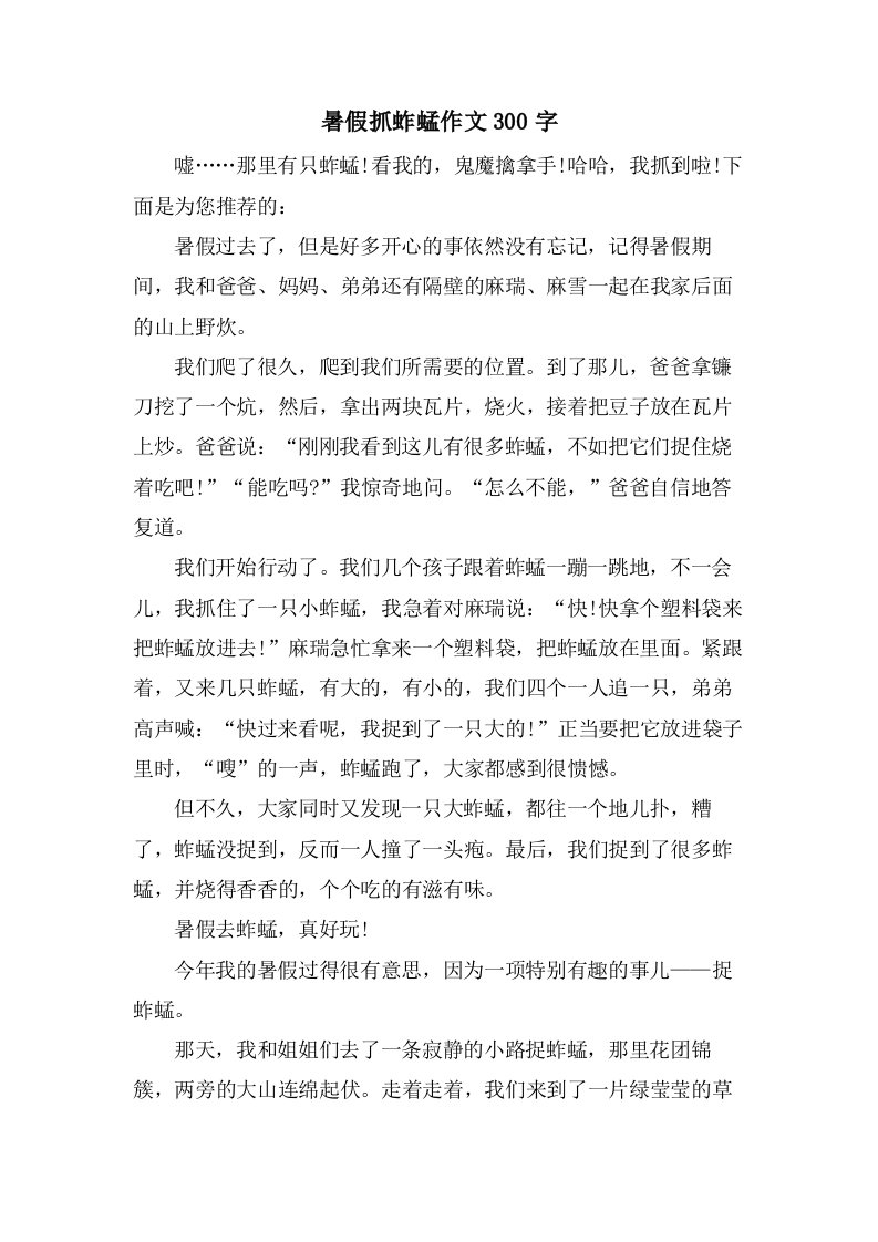 暑假抓蚱蜢作文300字