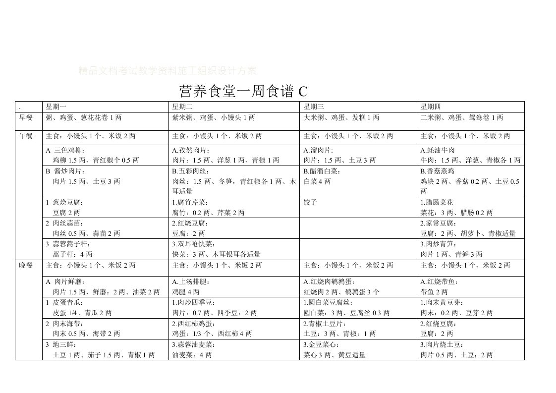 营养食堂一周菜谱