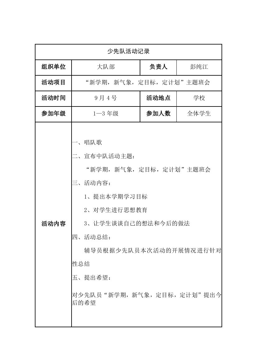 小学秋季学期少先队活动记录