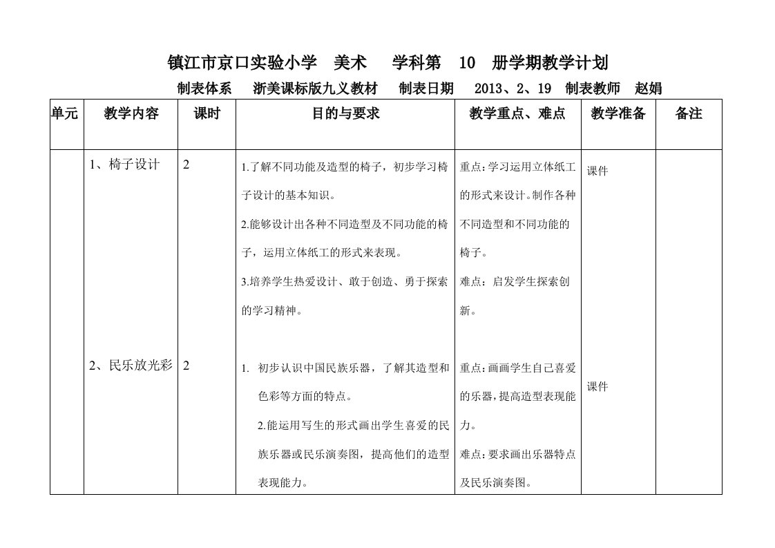 浙美版五下教学计划