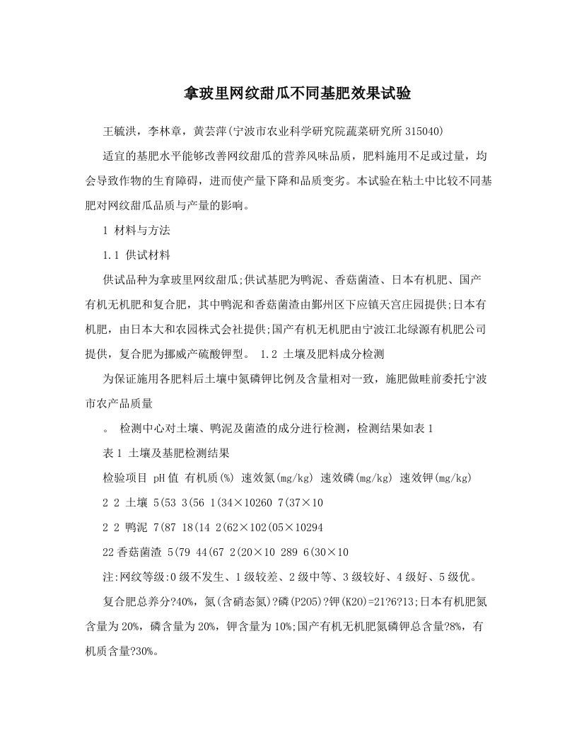 拿玻里网纹甜瓜不同基肥效果试验