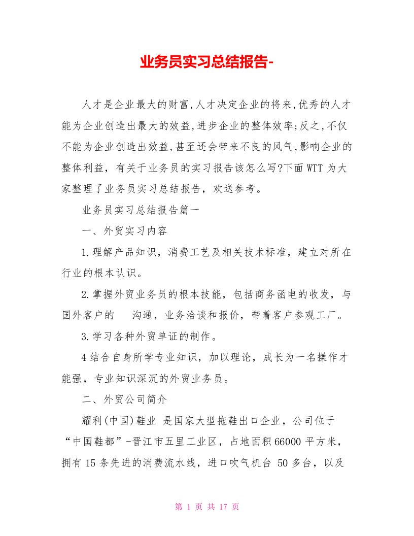 业务员实习总结报告