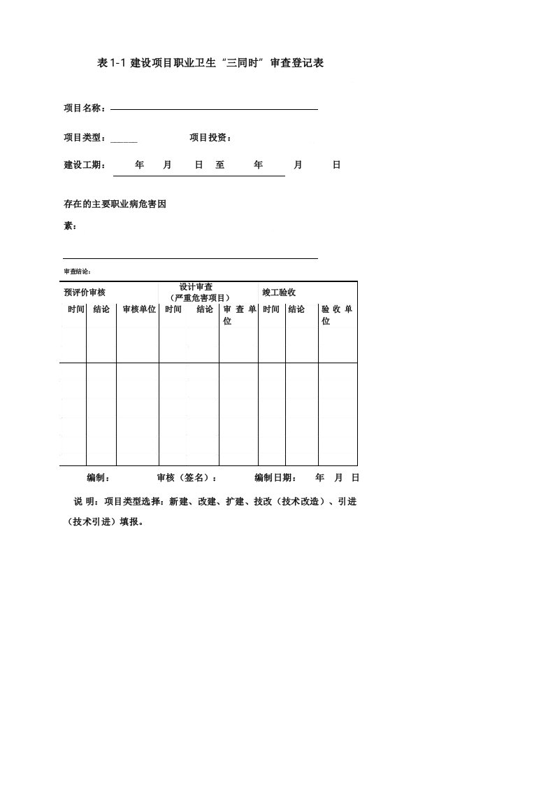 表1-1建设项目职业卫生三同时审查登记表