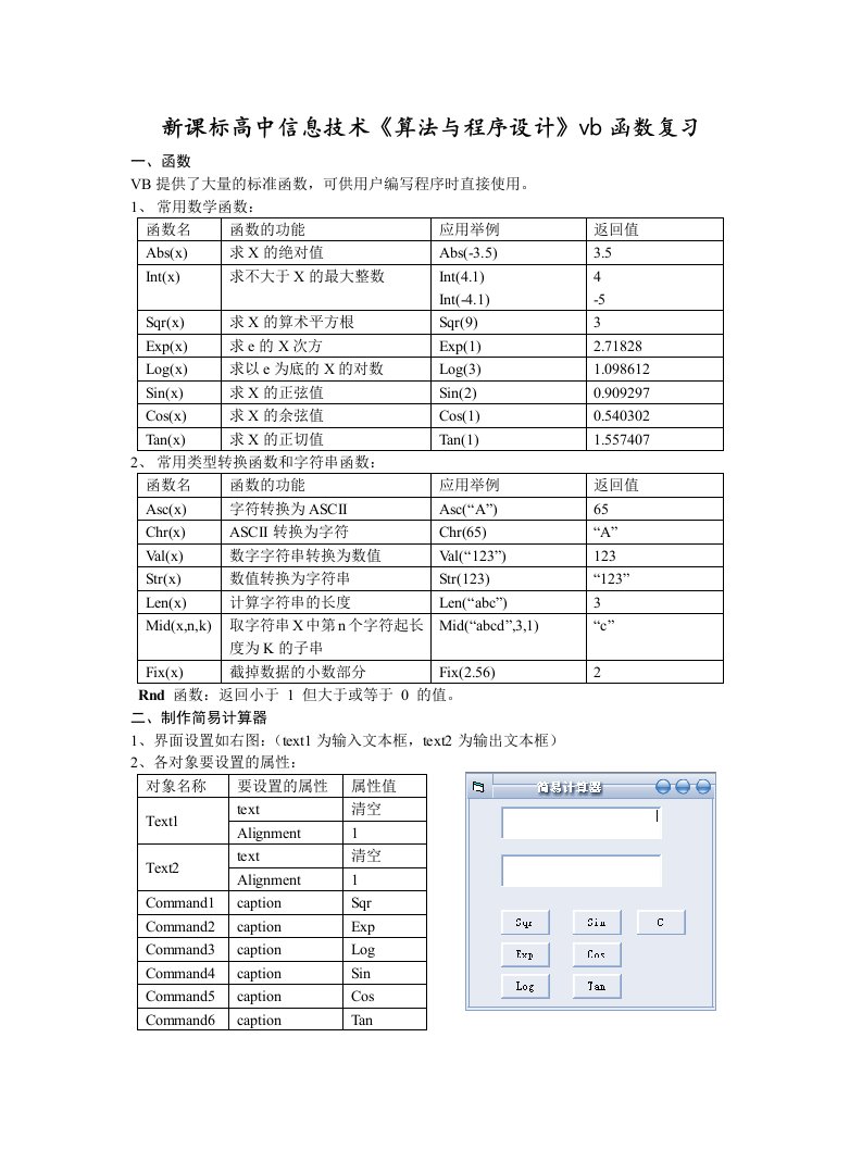 高中信息技术《算法与程序设计》vb函数复习