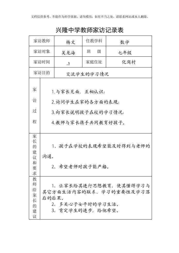 兴隆中学家访记录表七年级