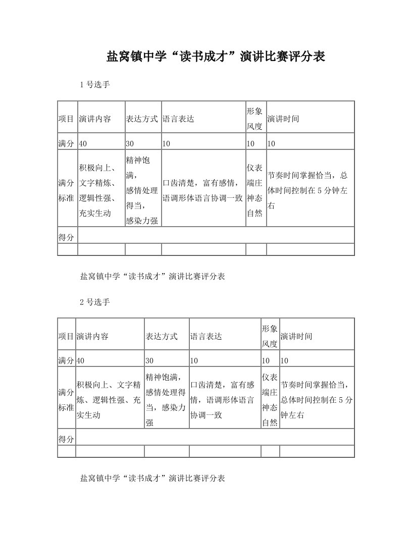 演讲比赛评分表(评委用)