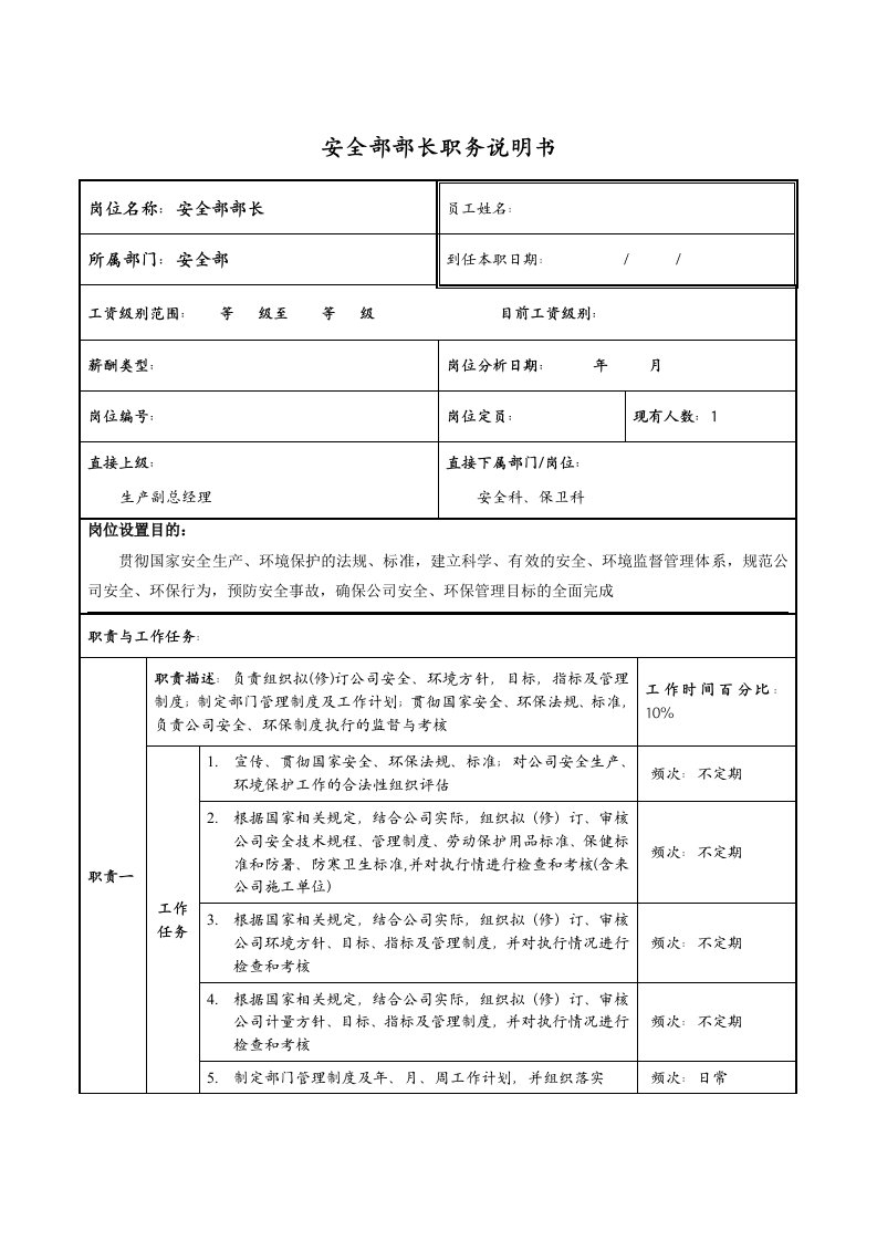 安全部长岗位职责