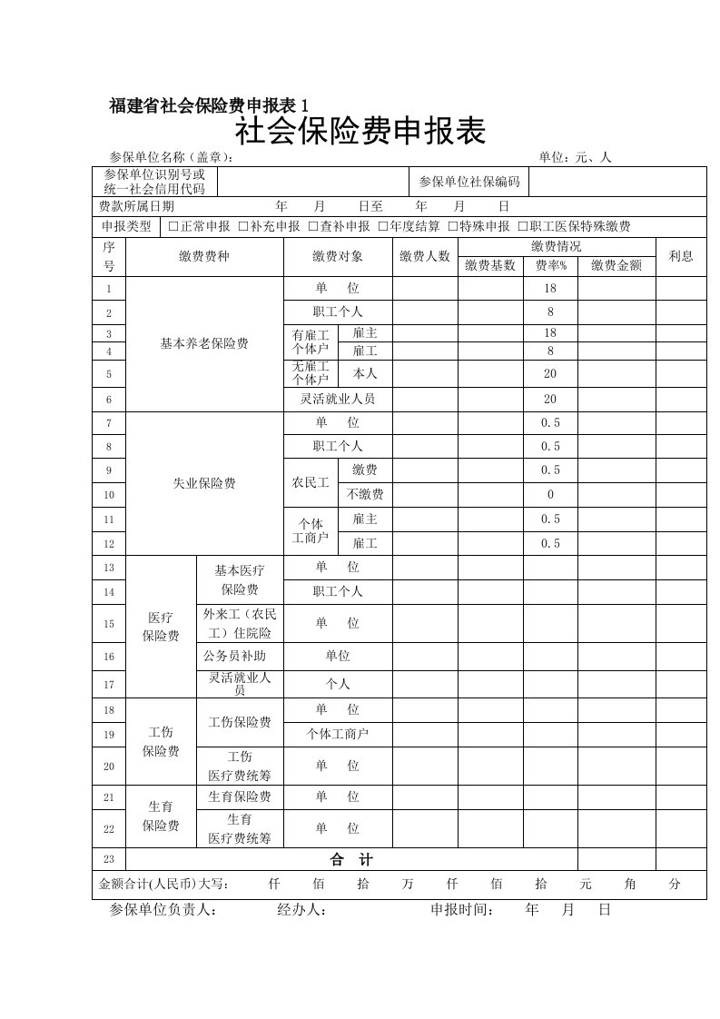 福建社会保险费申报表1