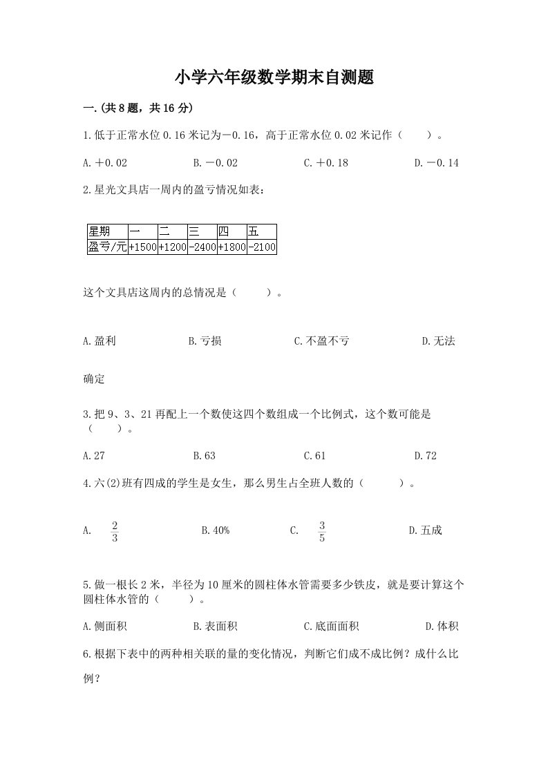 小学六年级数学期末自测题（夺分金卷）