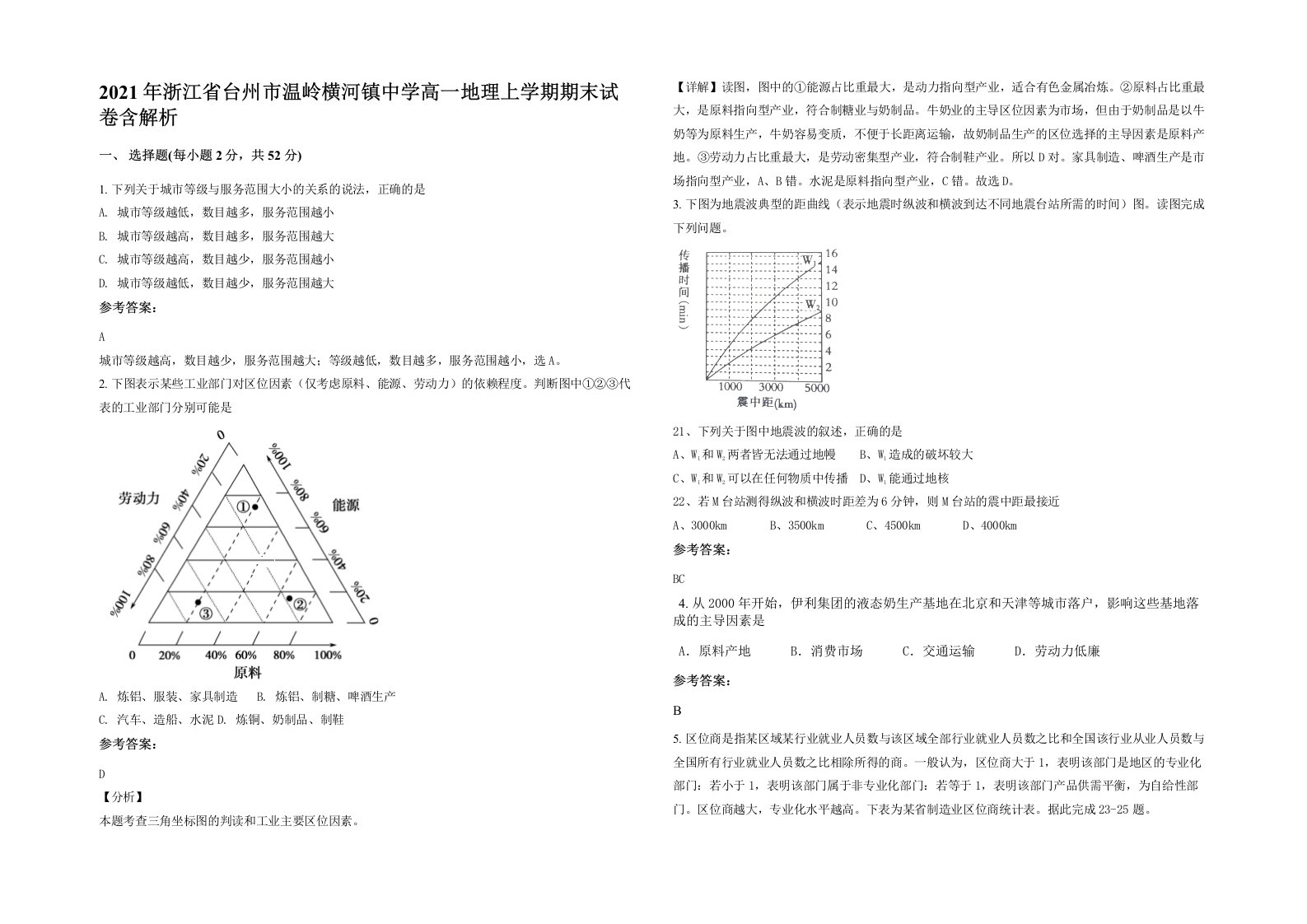 2021年浙江省台州市温岭横河镇中学高一地理上学期期末试卷含解析