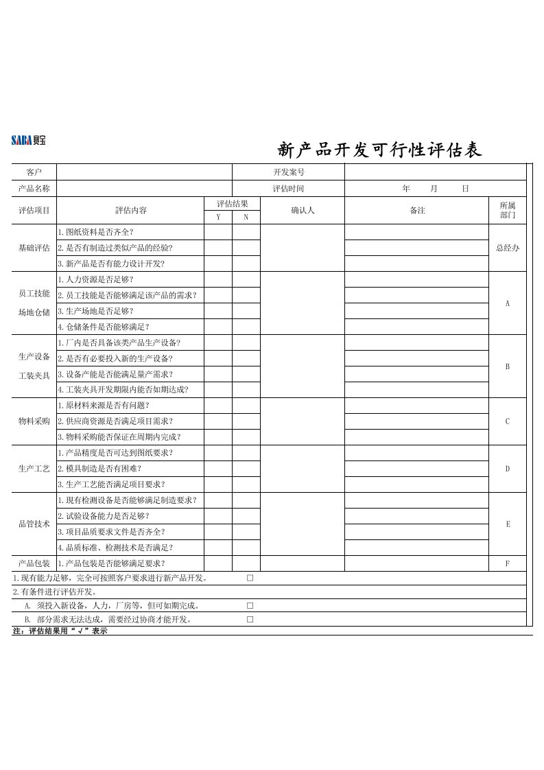 新产品开发可行性评估表