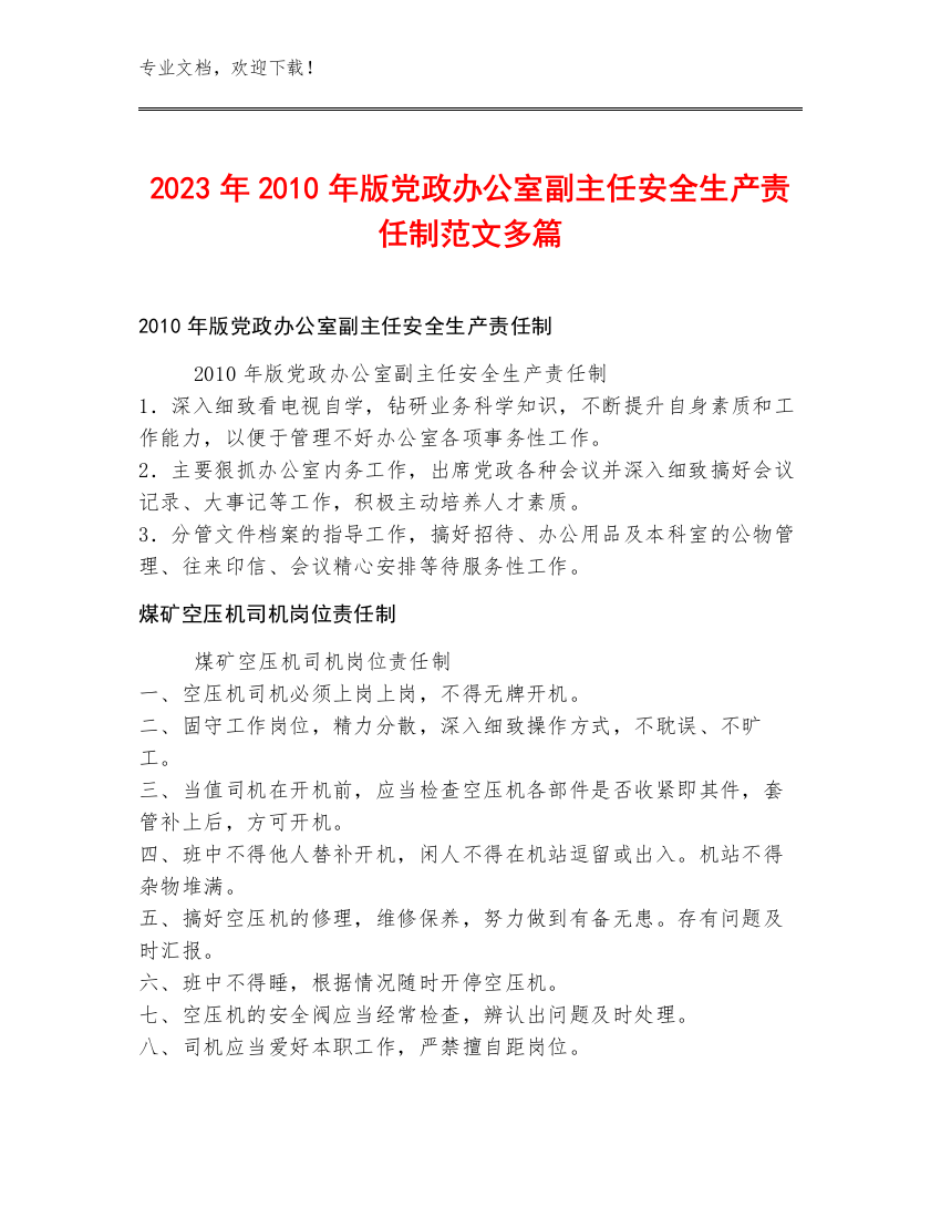 2023年2010年版党政办公室副主任安全生产责任制范文多篇