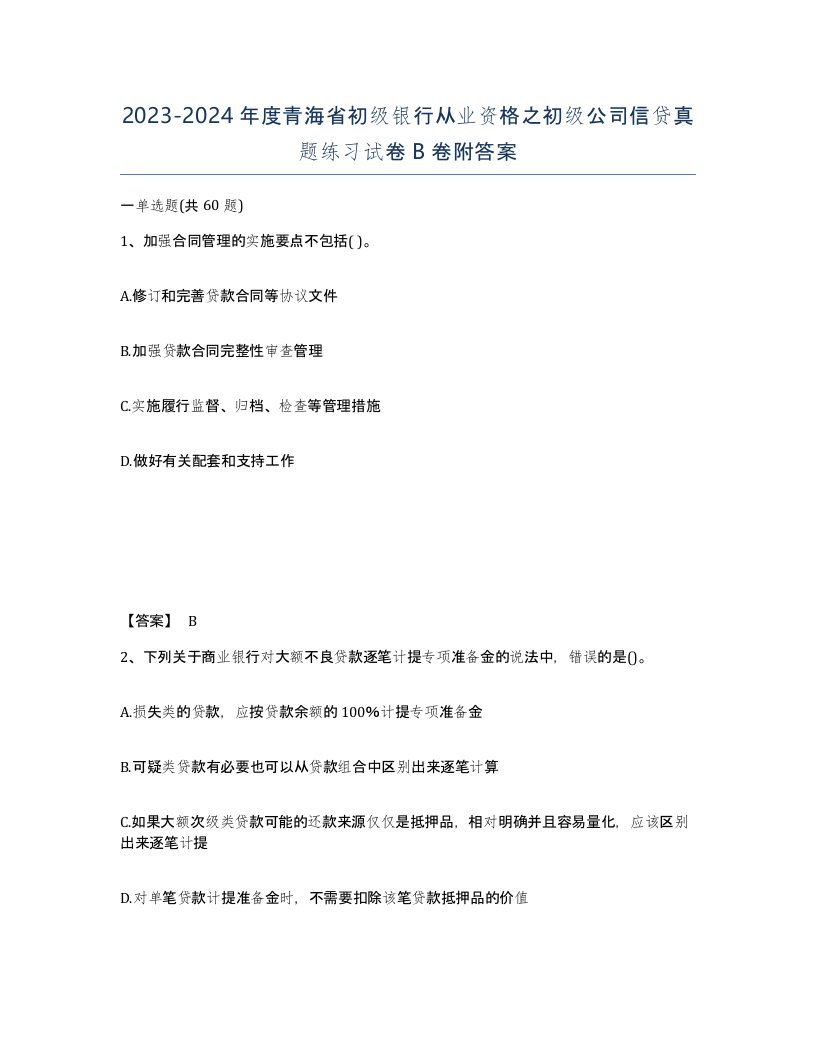 2023-2024年度青海省初级银行从业资格之初级公司信贷真题练习试卷B卷附答案