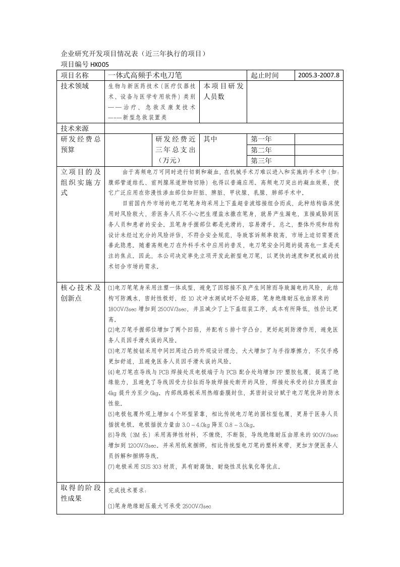 医疗器械产品开发设计可行性技术报告医疗高频手术电刀笔