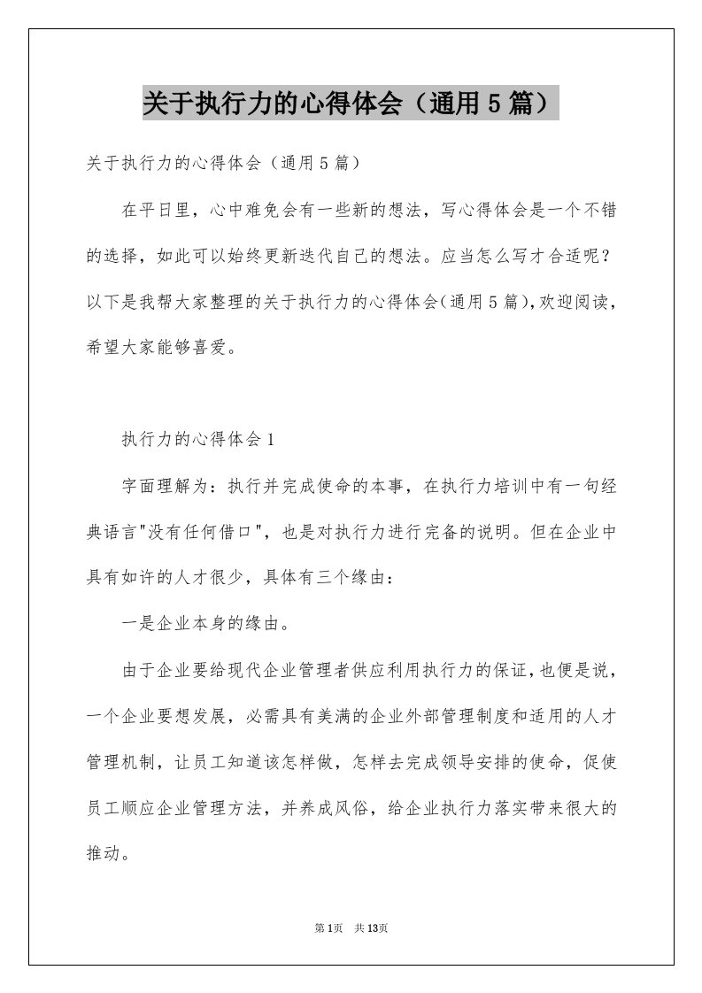 关于执行力的心得体会通用5篇