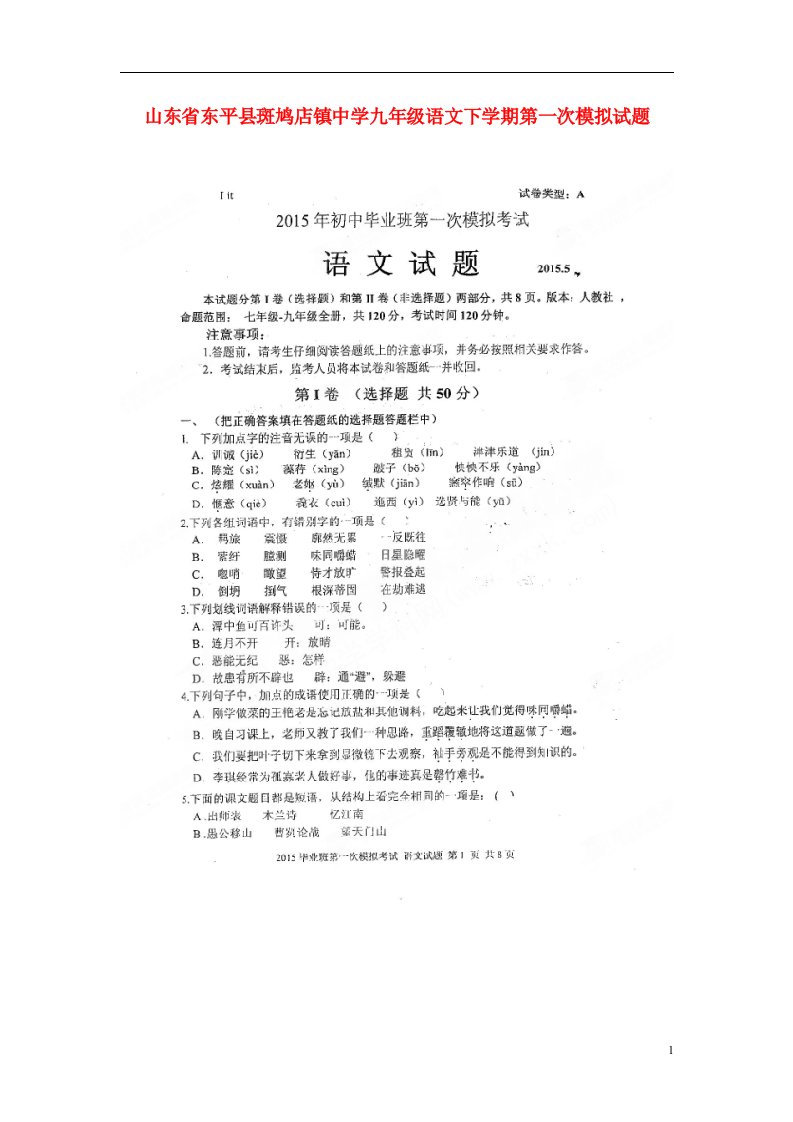 山东省东平县斑鸠店镇中学九级语文下学期第一次模拟试题（扫描版）