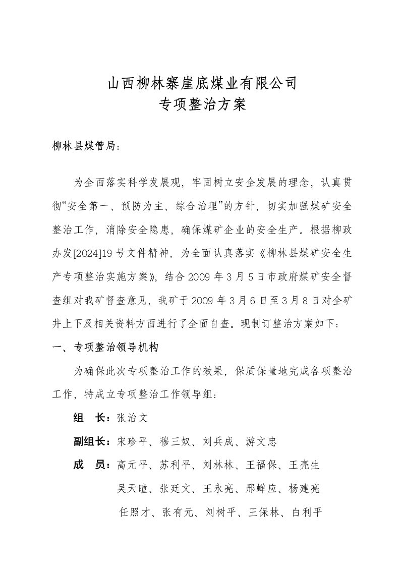 山西柳林寨崖底煤业有限公司专项整治方案