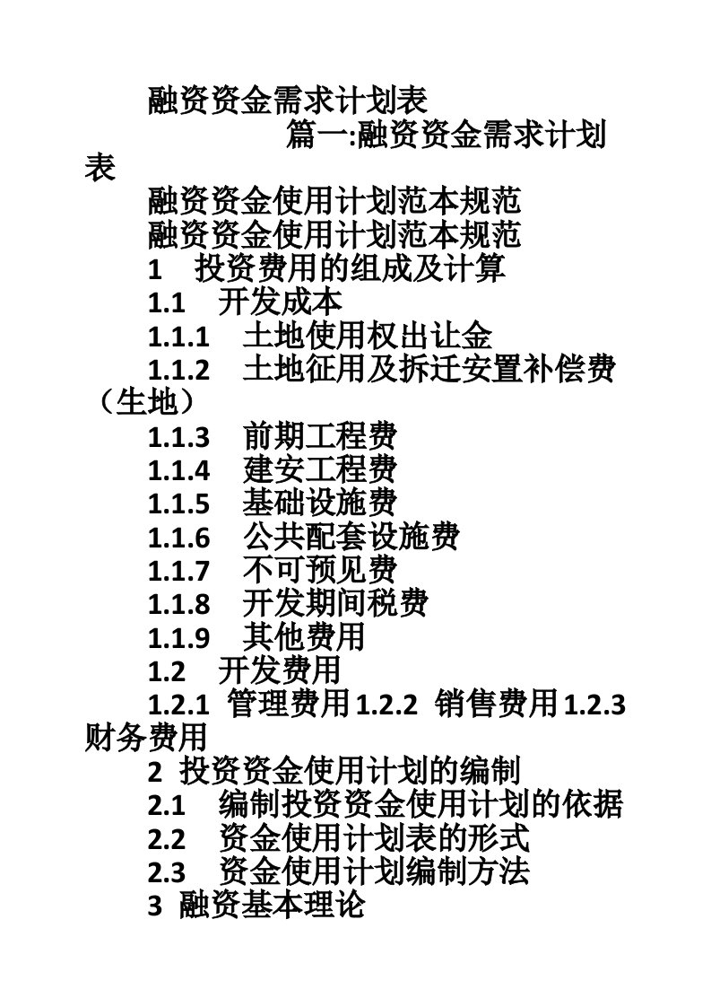 融资资金需求计划表