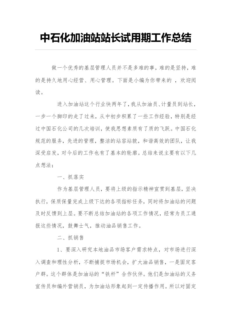 中石化加油站站长试用期工作总结