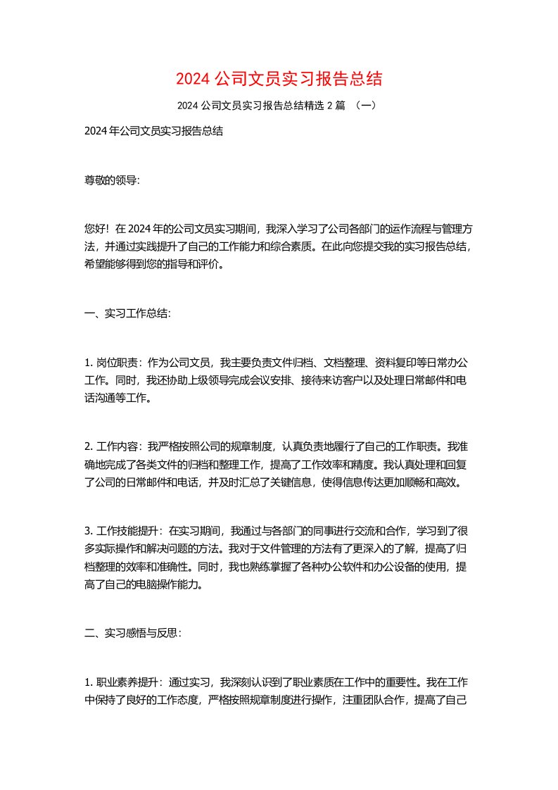 2024公司文员实习报告总结2篇