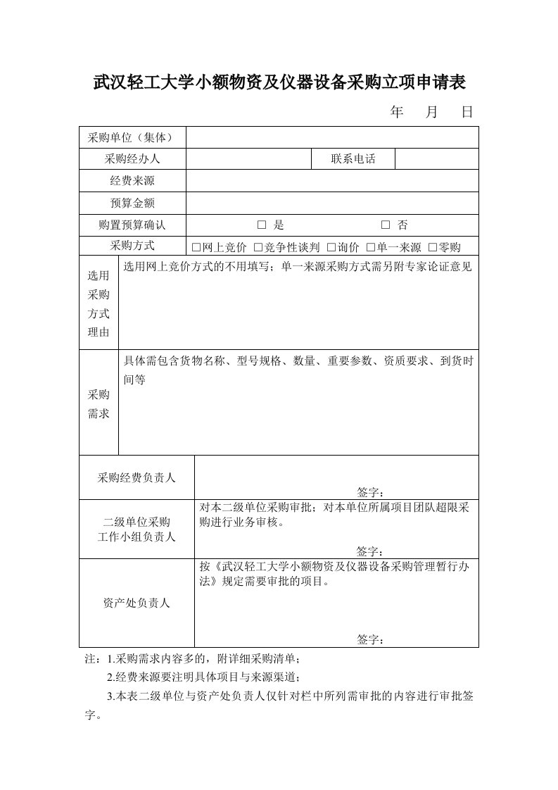 武汉轻工大学小额物资及仪器设备采购立项申请表