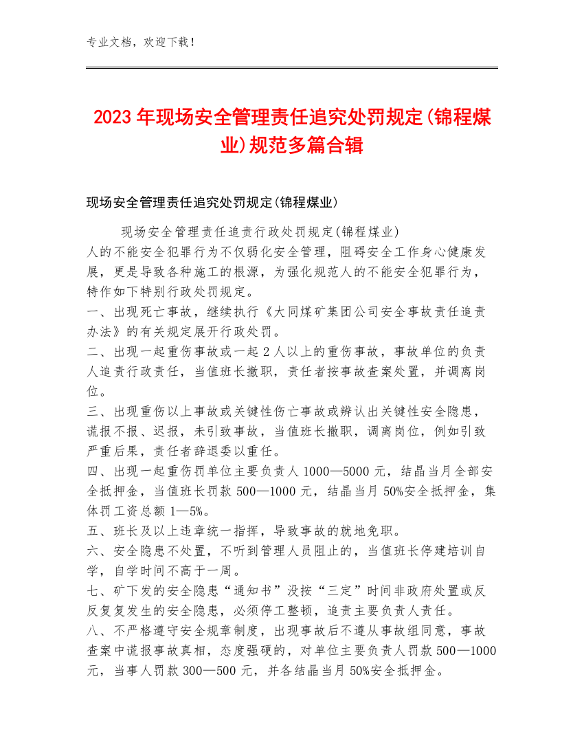 2023年现场安全管理责任追究处罚规定(锦程煤业)规范多篇合辑