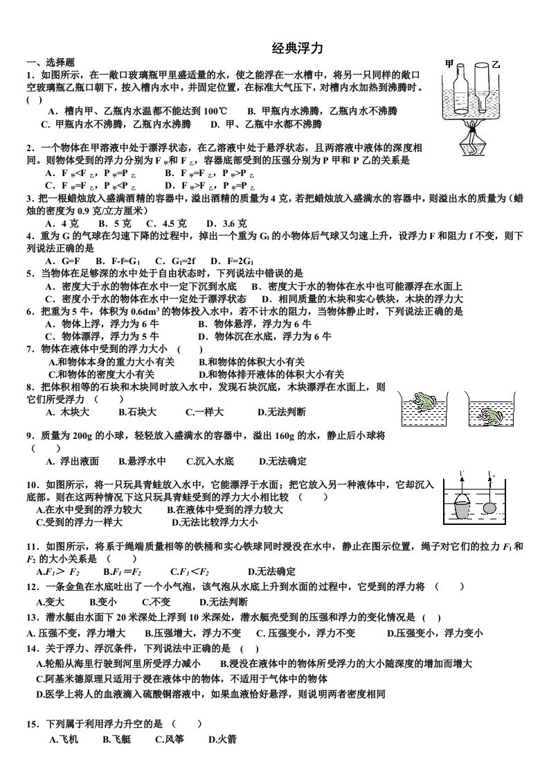 初中物理绝对经典80道难题浮力