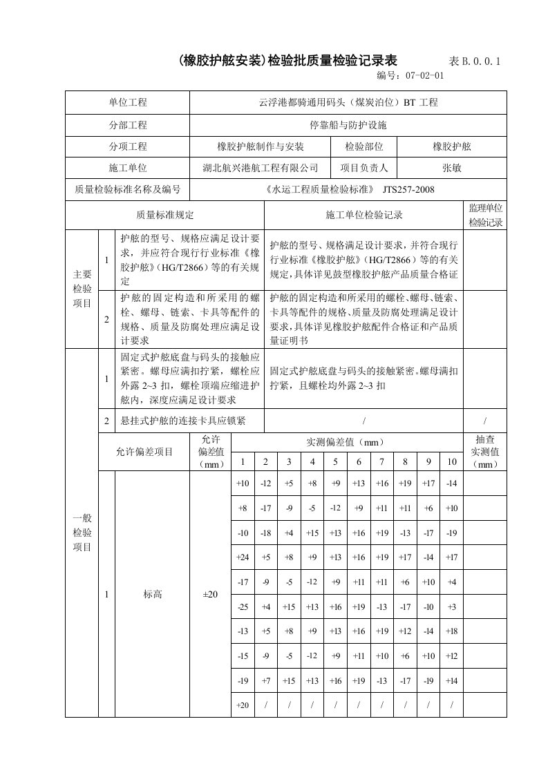 02(橡胶护舷制作与安装)检验批质量检验记录表