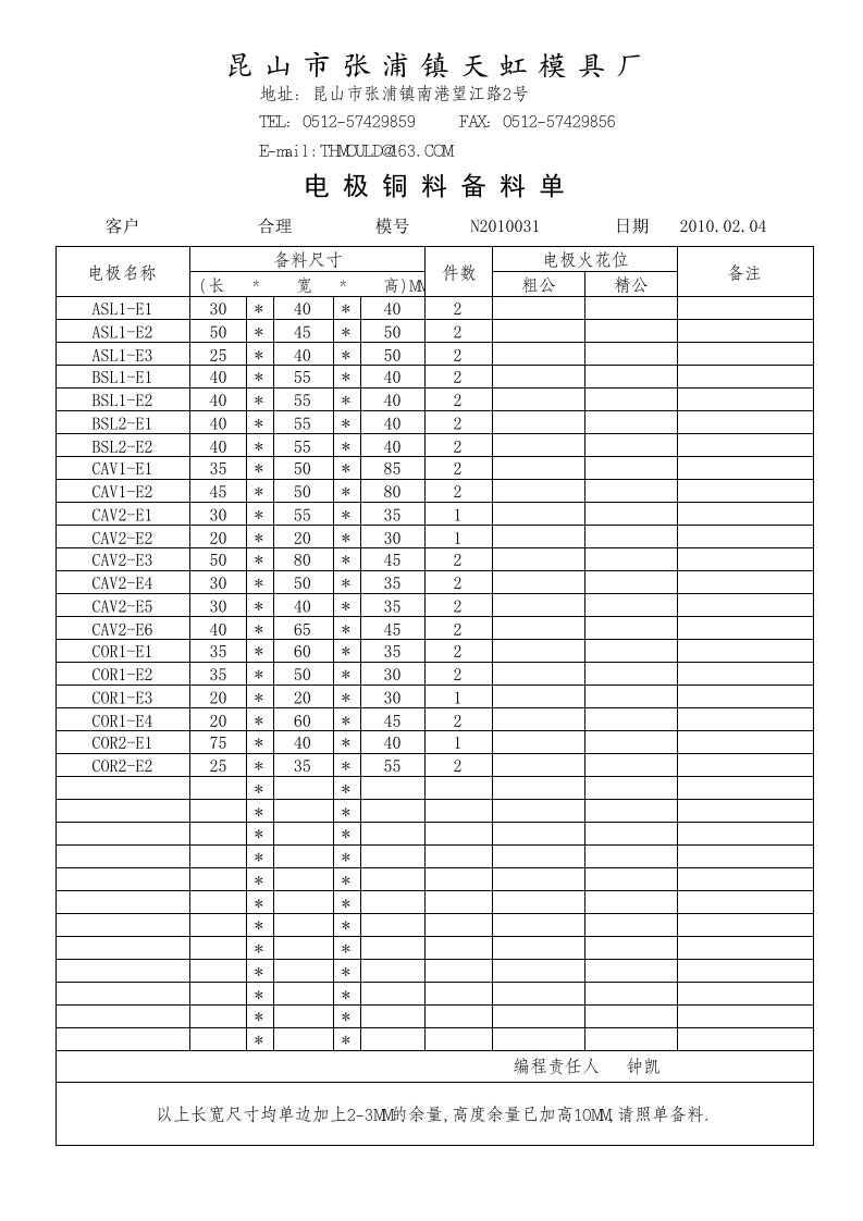 电极备料单-N