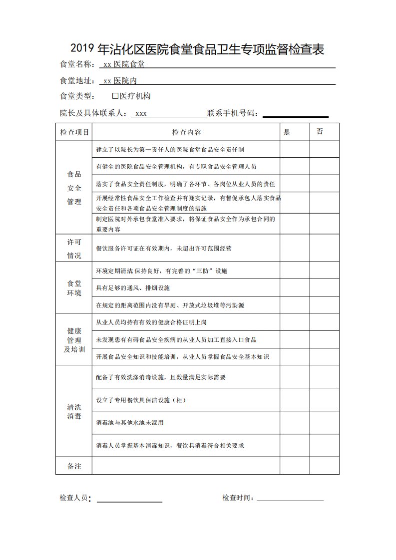 医院食堂食品安全监督检查表