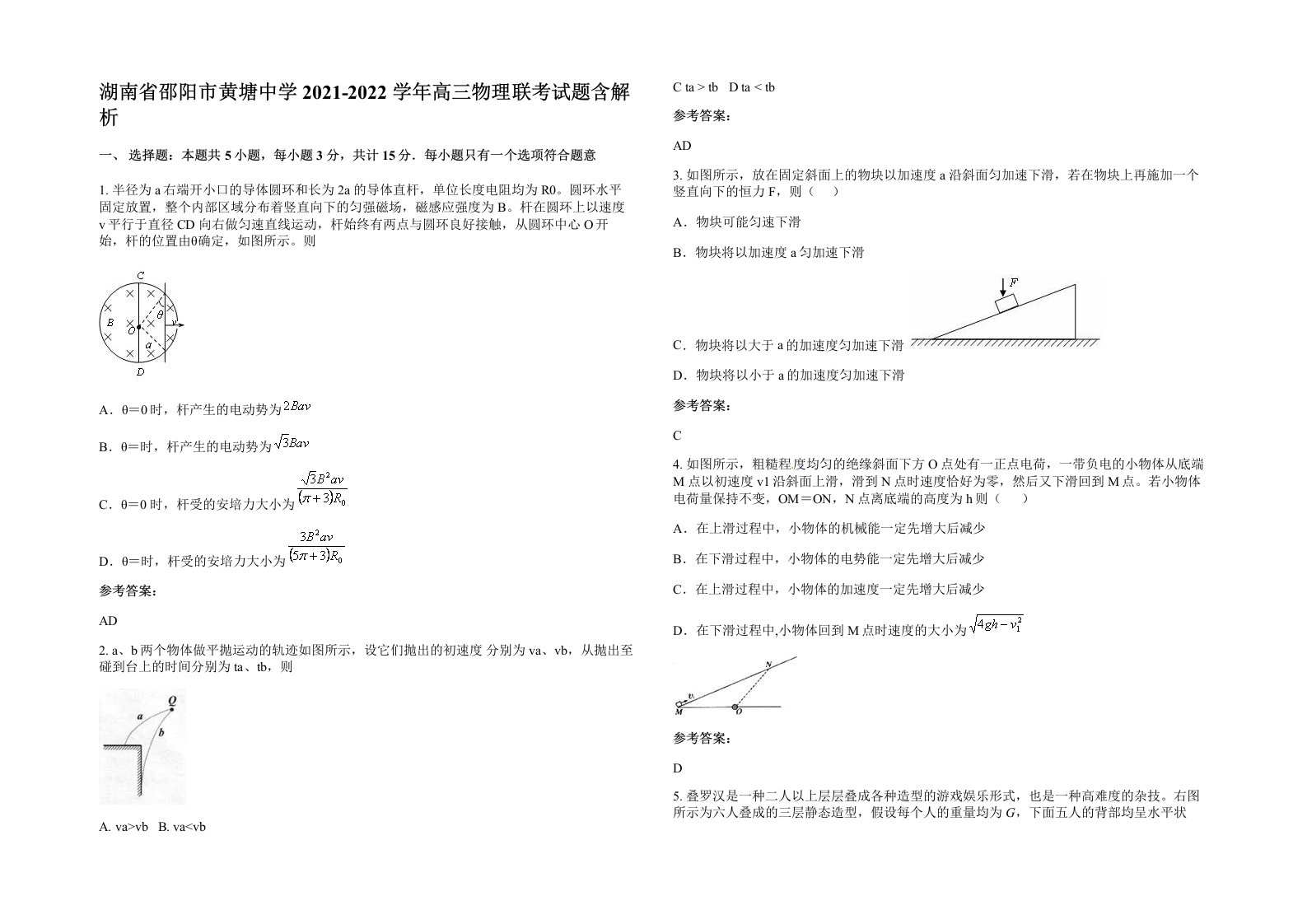 湖南省邵阳市黄塘中学2021-2022学年高三物理联考试题含解析