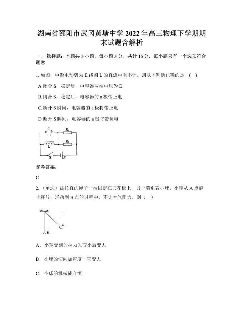 湖南省邵阳市武冈黄塘中学2022年高三物理下学期期末试题含解析