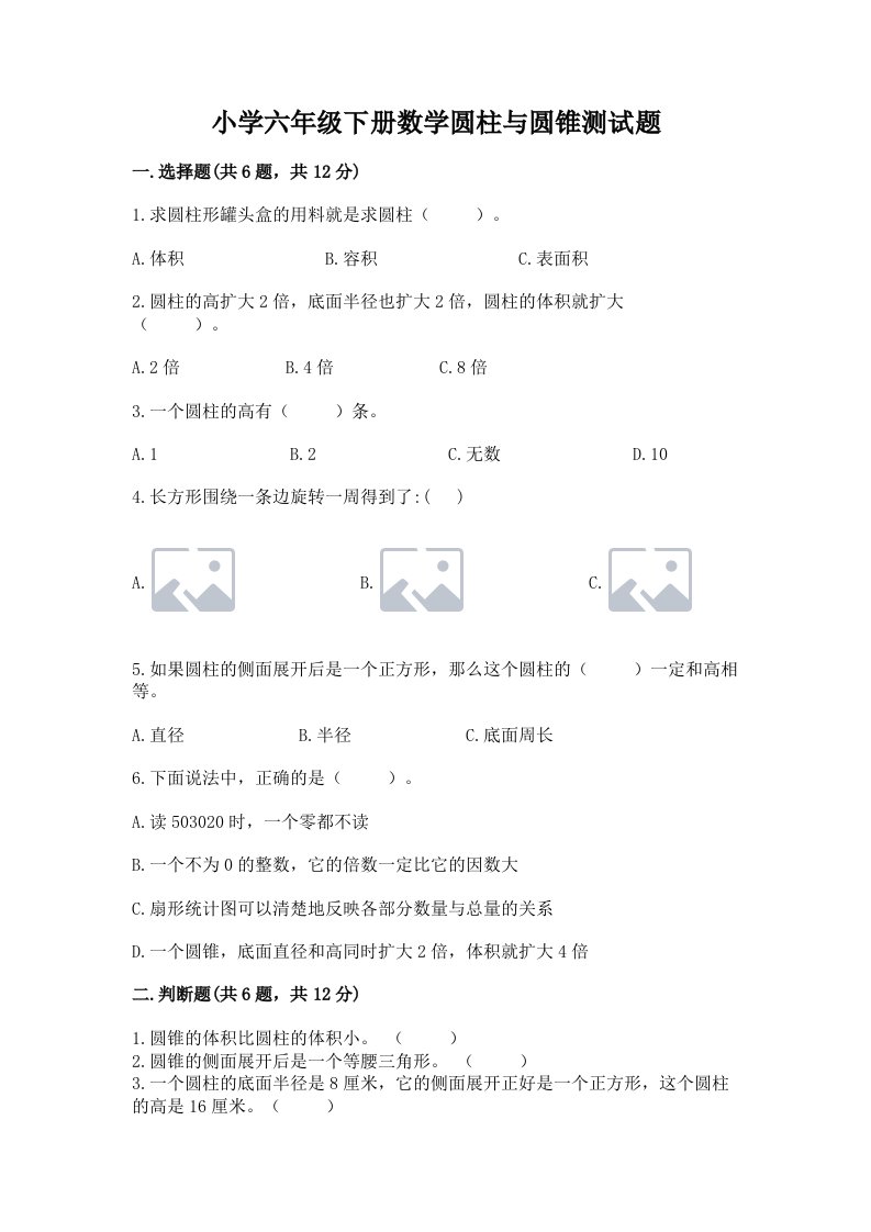 小学六年级下册数学圆柱与圆锥测试题精品带答案