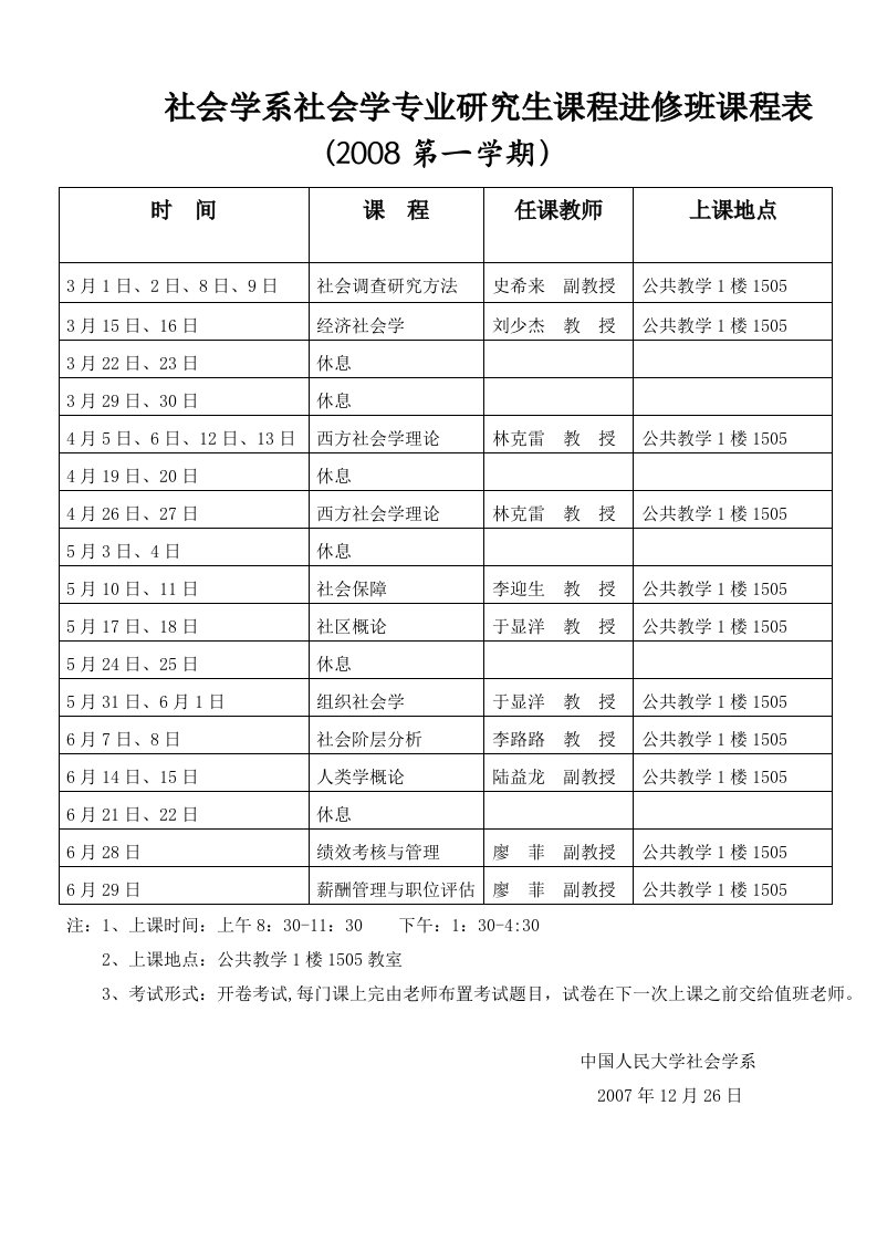 社会学系社会学专业研究生课程进修班课程表