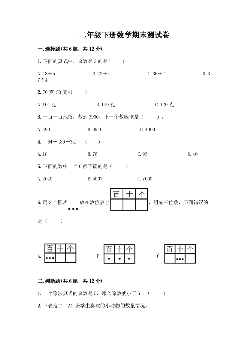 二年级下册数学期末测试卷(突破训练)