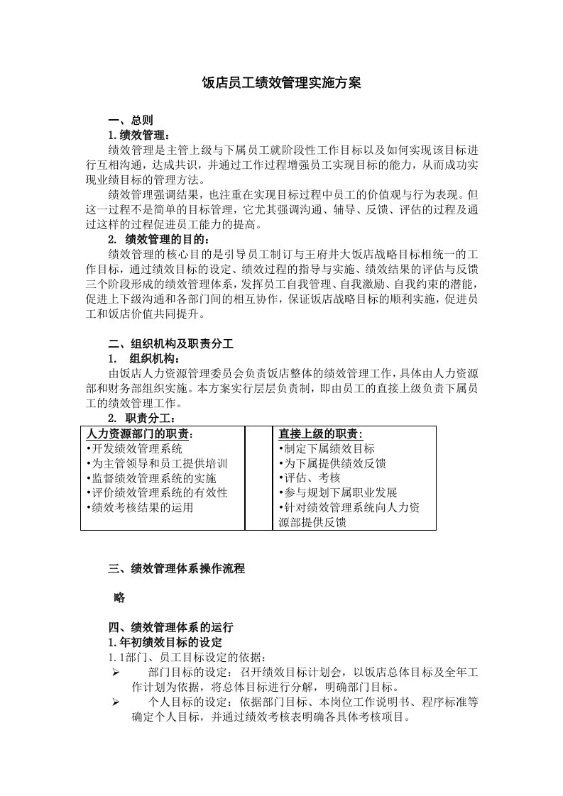 酒店员工绩效管理实施方案