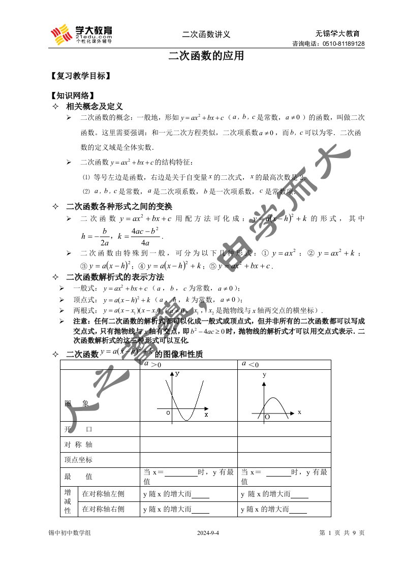 数学小班课--二次函数的应用讲义