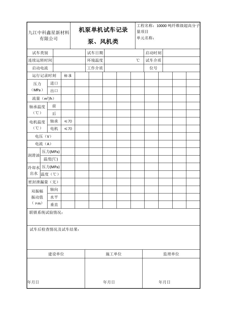 机泵单机试车记录