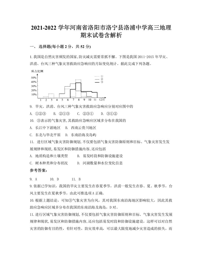 2021-2022学年河南省洛阳市洛宁县洛浦中学高三地理期末试卷含解析