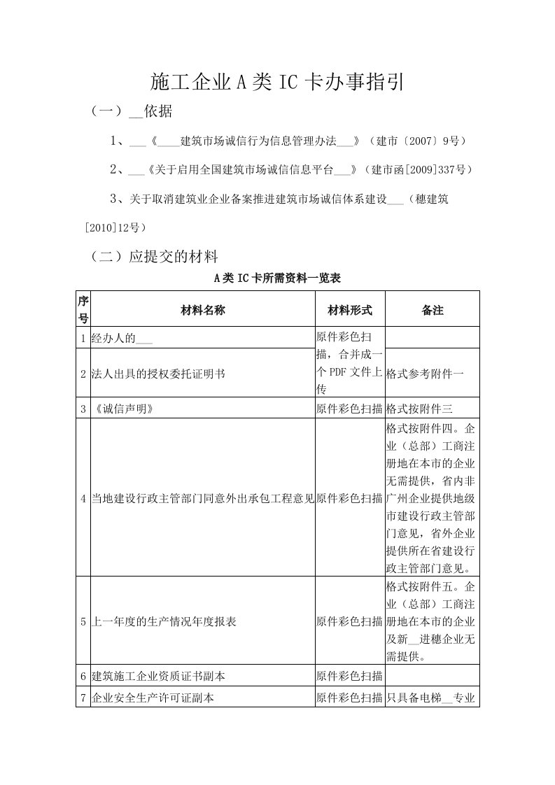 施工企业A类IC卡办事指引