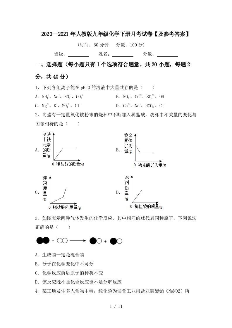 20202021年人教版九年级化学下册月考试卷及参考答案