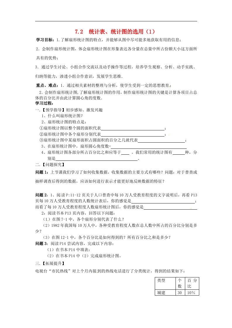 2017苏科版数学八年级下册7.2《统计表、统计图的选用》word导学案1