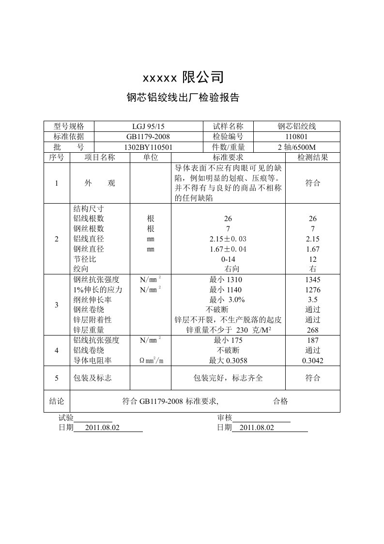 钢芯铝绞线电缆检验报告