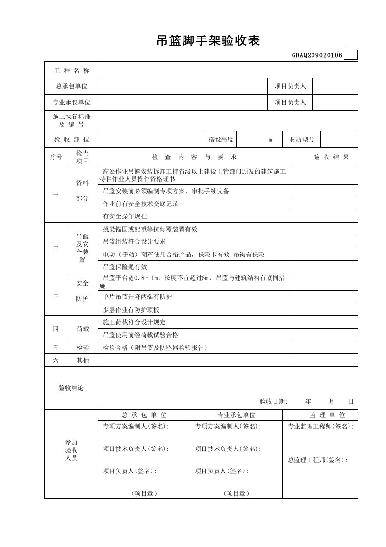 建筑工程-吊篮脚手架验收表GDAQ209020106