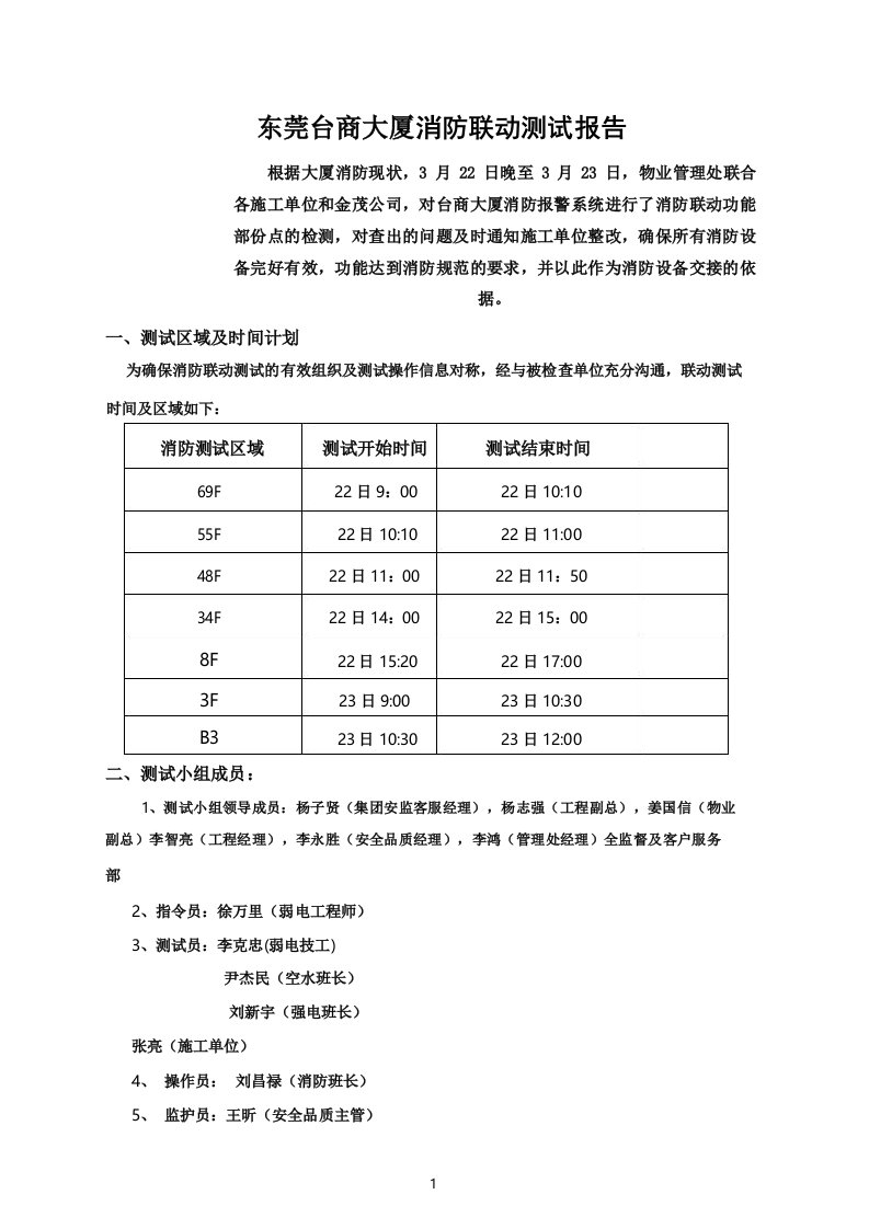 消防联动测试报告